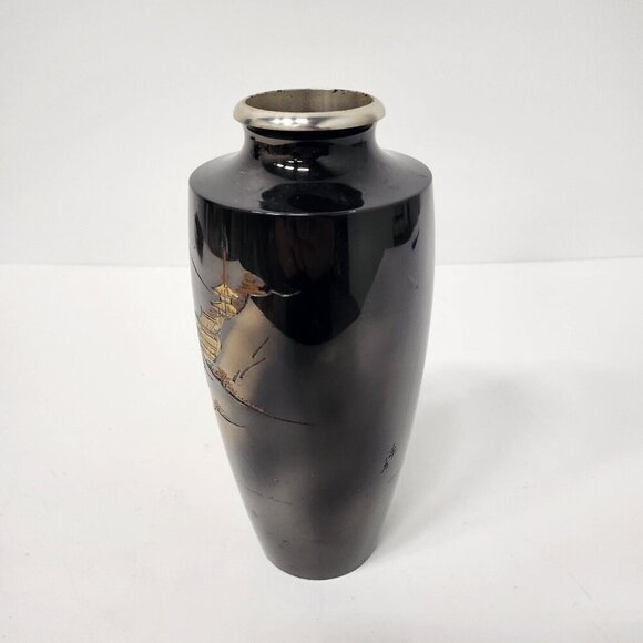 Vintage Japanese Valley Mountain Pattern Metal Etched Gilt & Silver Patina Vase - Picture 2 of 8